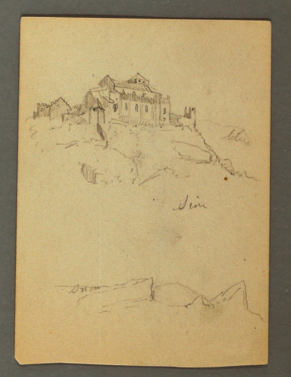 Tegning, befæstning af klippetoppe, Sion, Rhônedalen, muligvis 1868 af Frederic Edwin Church