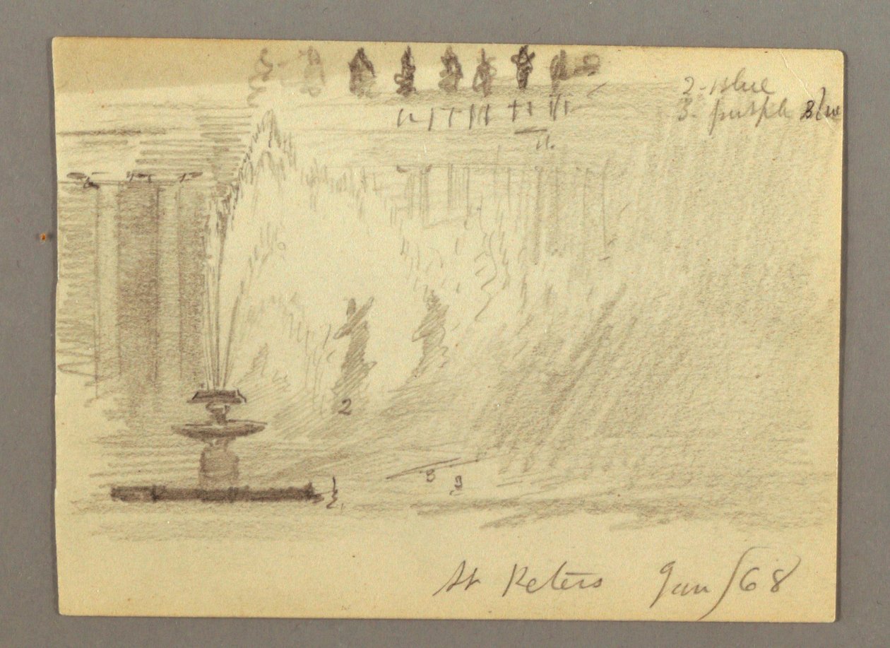 Tegning, springvand på pladsen ved Peterskirken, Rom, Italien, januar 1868 af Frederic Edwin Church