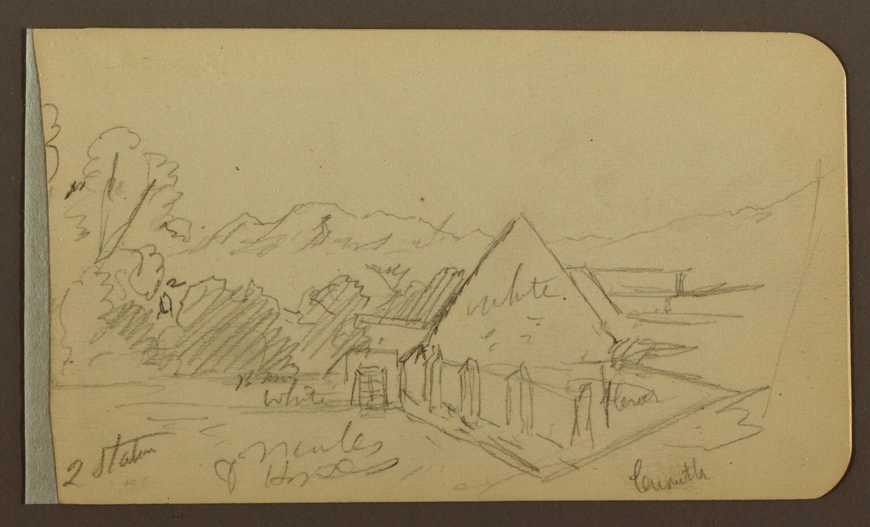 Tegning, have, hus, Cuautla; bagside: kirke, lade, Cuautla, februar 1885 af Frederic Edwin Church
