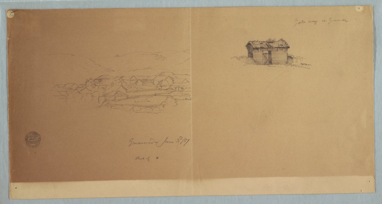 Tegning, port og delvis udsigt over Guaranda, Ecuador, 3. juni 1857 af Frederic Edwin Church