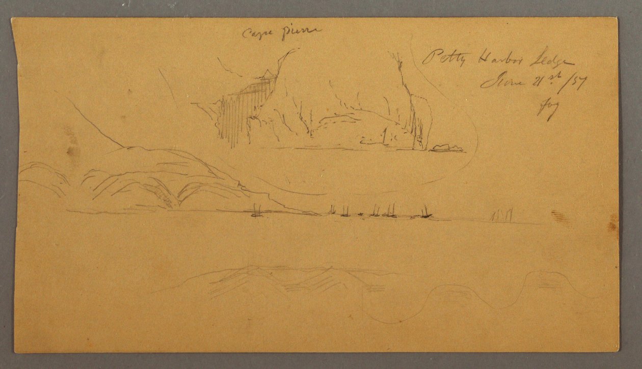 Tegning, havn, sejlbåde, bjerge, 21. juni 1859 af Frederic Edwin Church