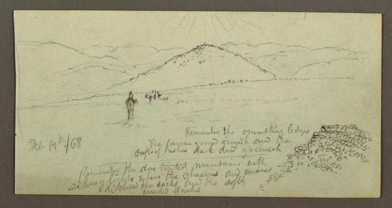 Tegning, Dynge af sten, slette og bjerge, Sun, 19. februar 1868 af Frederic Edwin Church