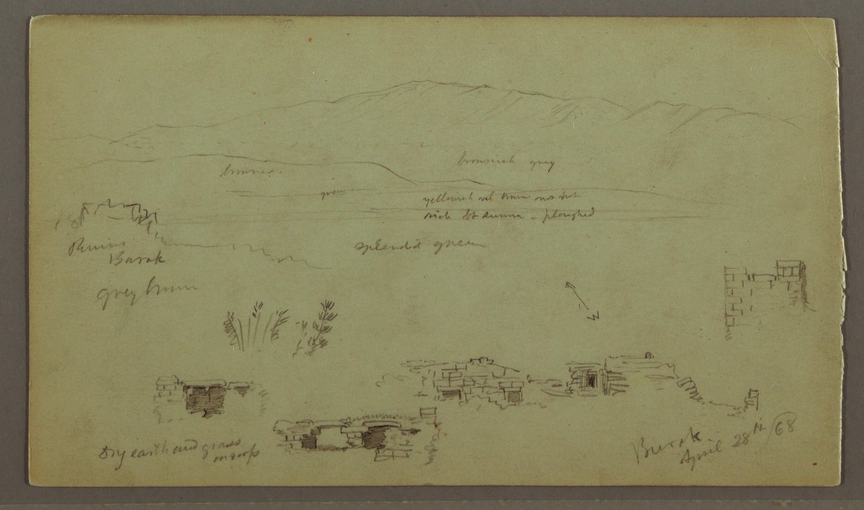 Tegning, bjergkæde over slette, ruiner, 28. april 1868 af Frederic Edwin Church