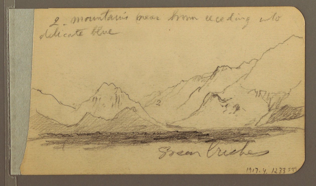 Tegning, bakke- og bjergkæder; bagside: Vej i skoven, 1889 af Frederic Edwin Church