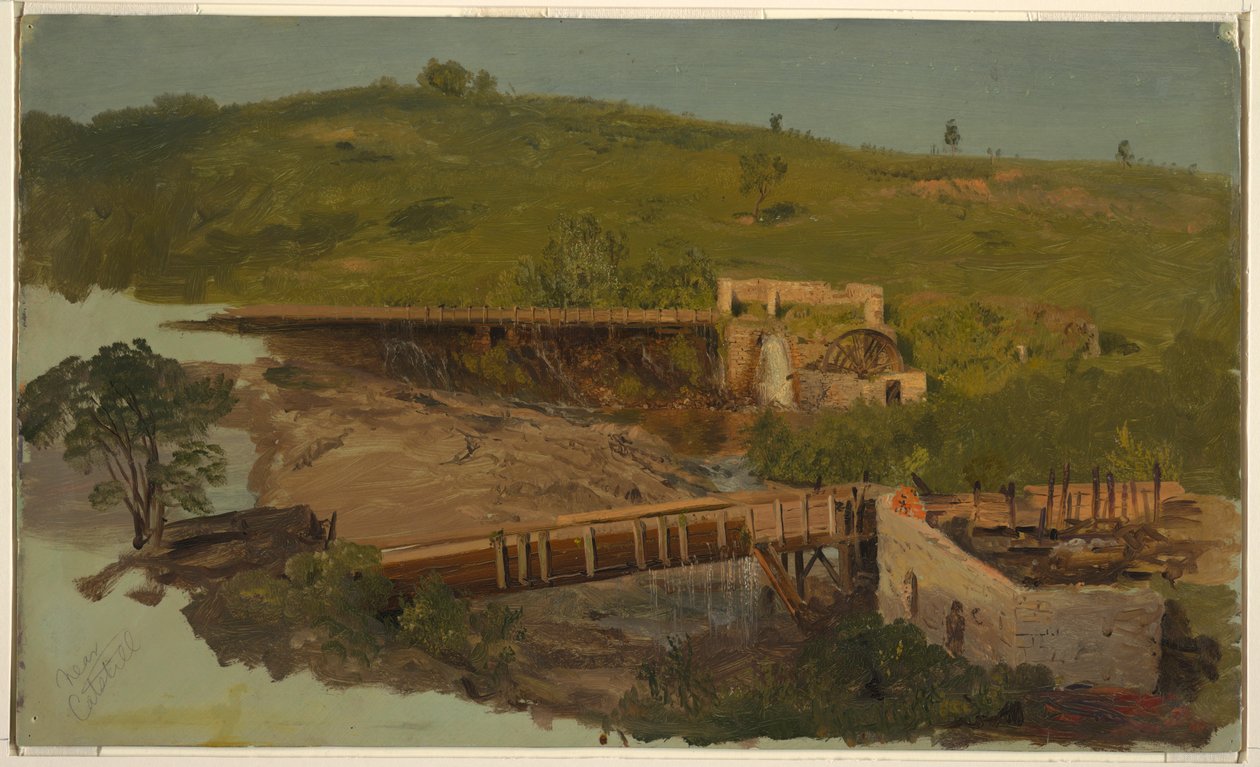 Tegning, bakke med viadukter og ødelagte møller, nær Catskill, New York, ca. 1865 af Frederic Edwin Church