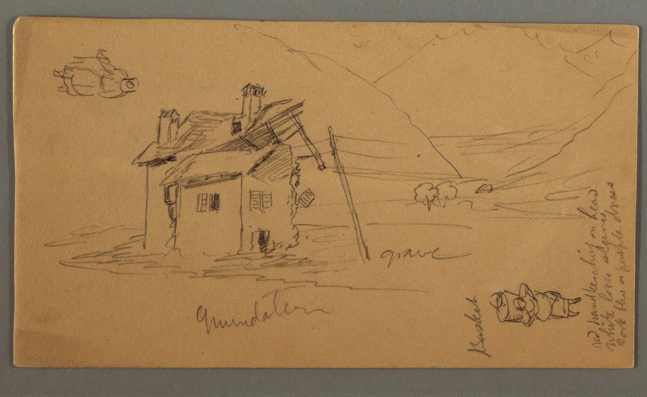 Tegning, Hlaf-Ruined House in Valley, to figurer, 1868 af Frederic Edwin Church