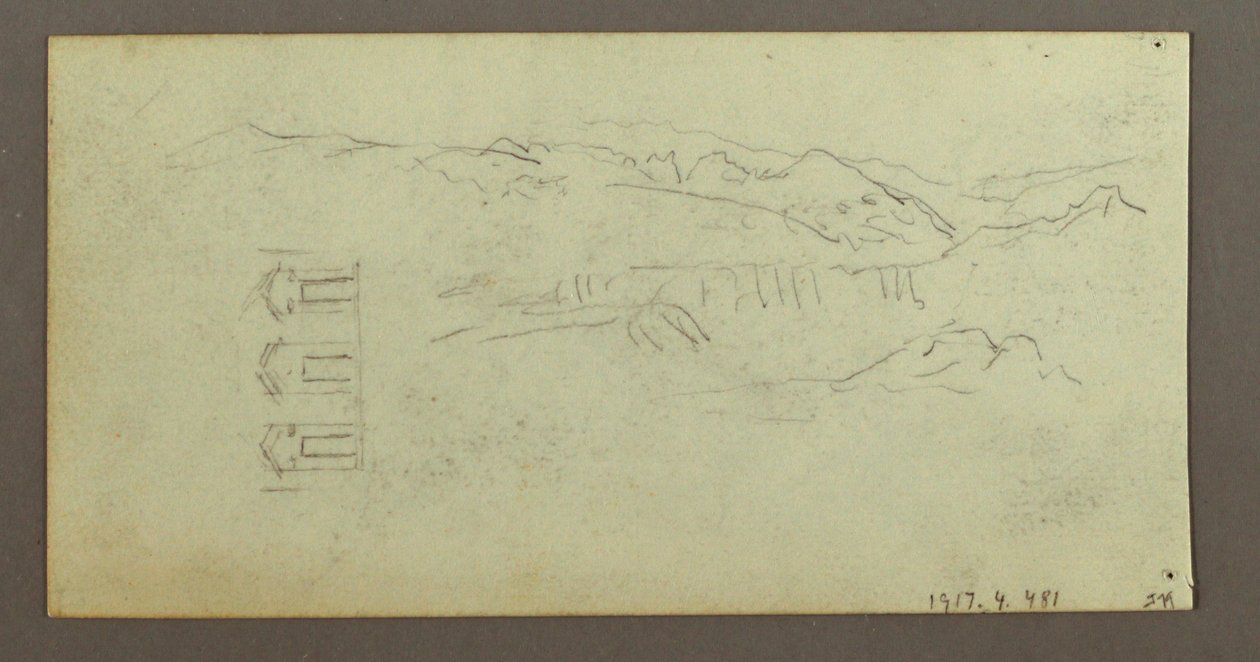 Tegning, Hest, figur bagfra, træer, muligvis 1868 af Frederic Edwin Church