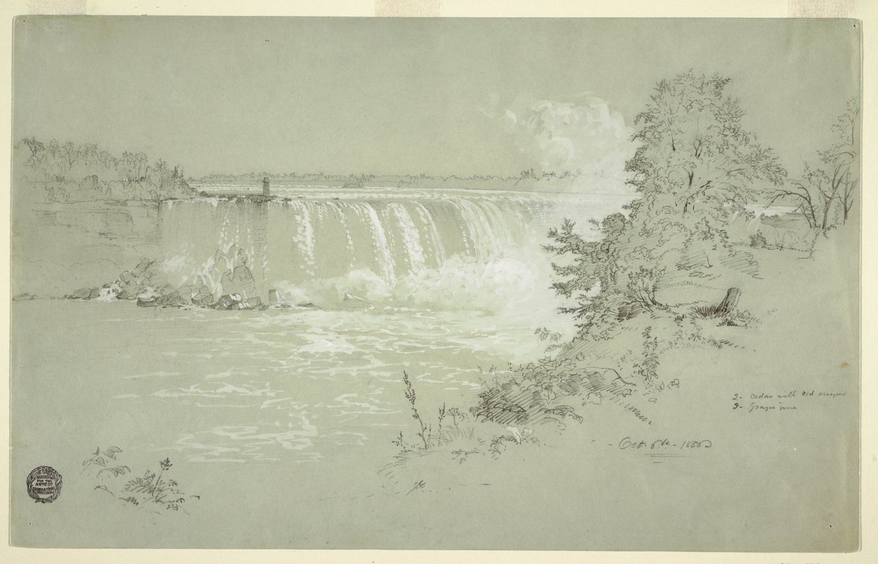 Tegning, Horseshoe Falls og Goat Island fra den canadiske bank, 6. oktober 1856 af Frederic Edwin Church
