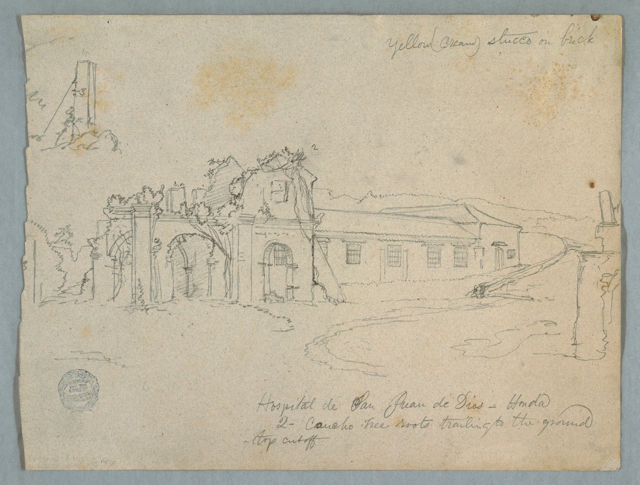 Tegning, Hospital de San Juan de Dios, Honda, Colombia, 1853 af Frederic Edwin Church