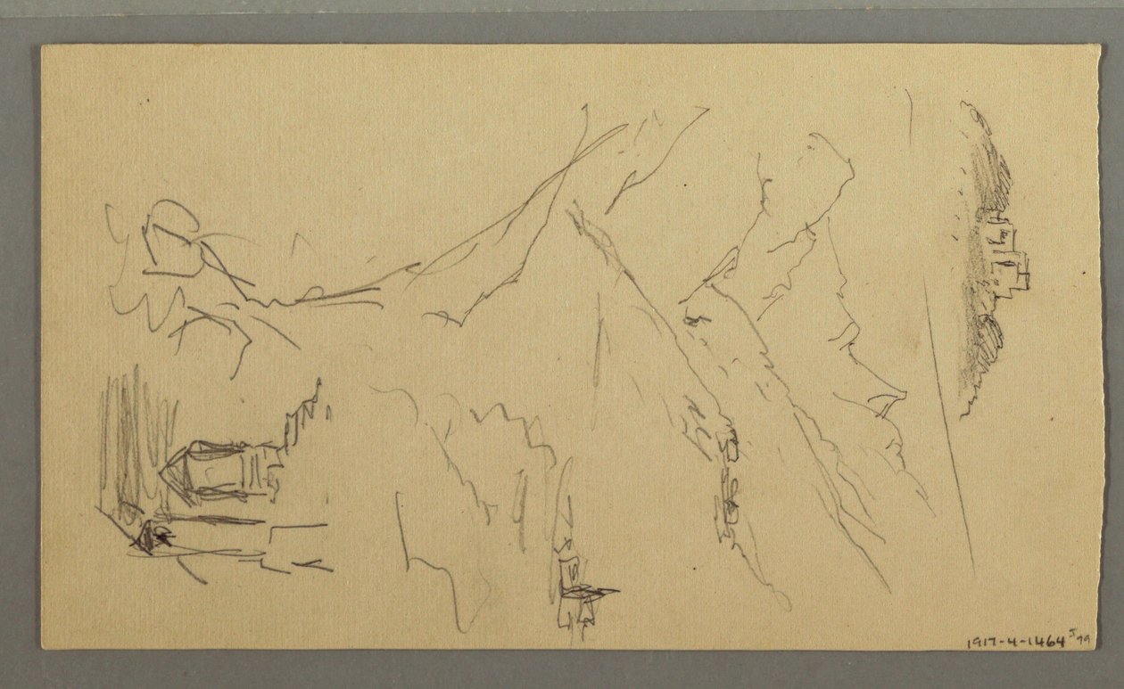 Tegning, hus, bro, slot, hustage, august 1868 af Frederic Edwin Church