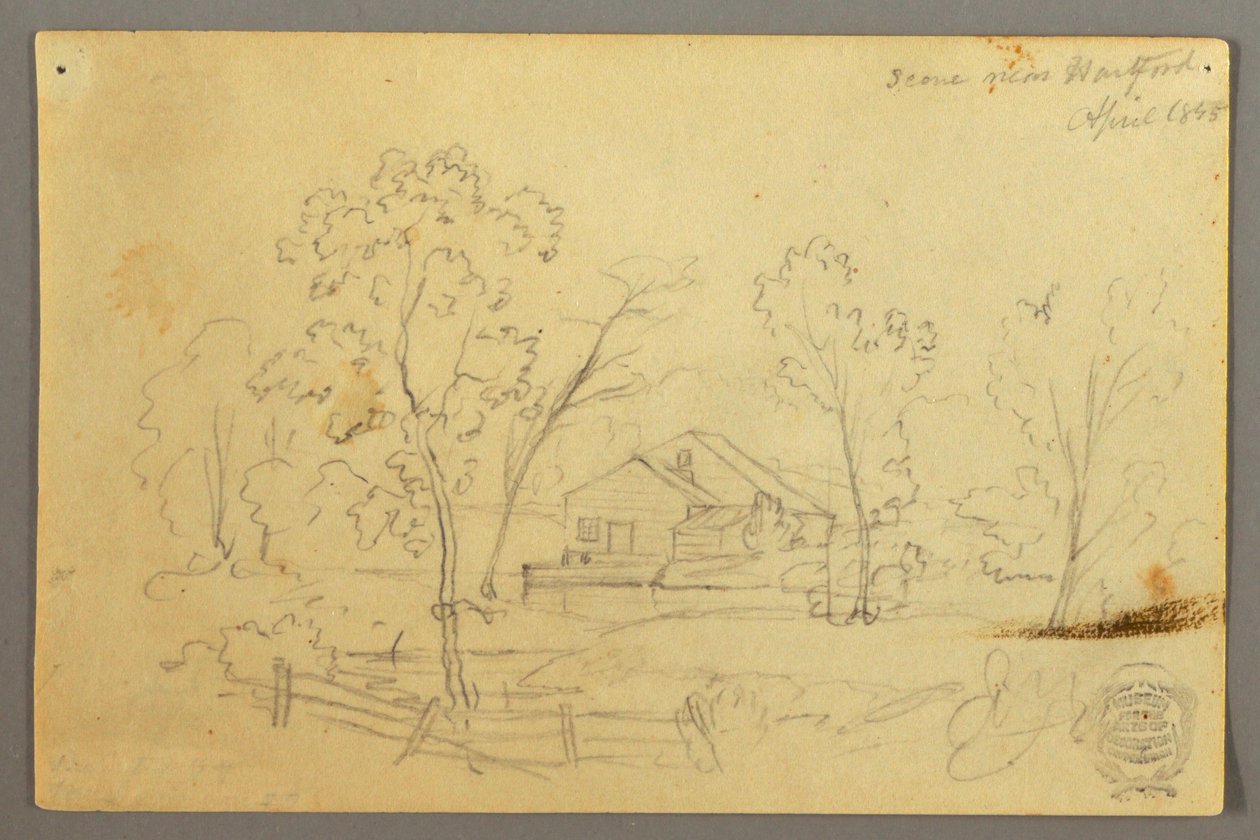Tegning, Hus i skoven ved et vandløb, april 1845 af Frederic Edwin Church
