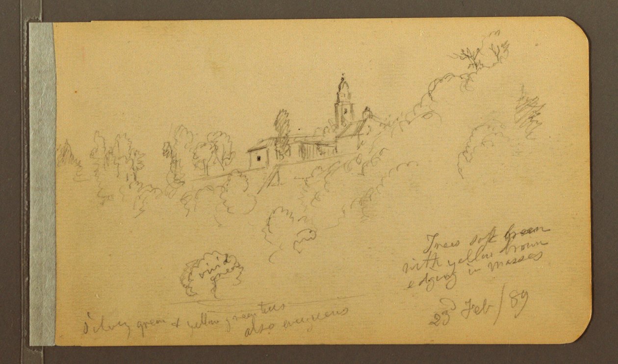 Tegning, huse, tårn, 23. februar 1889 af Frederic Edwin Church