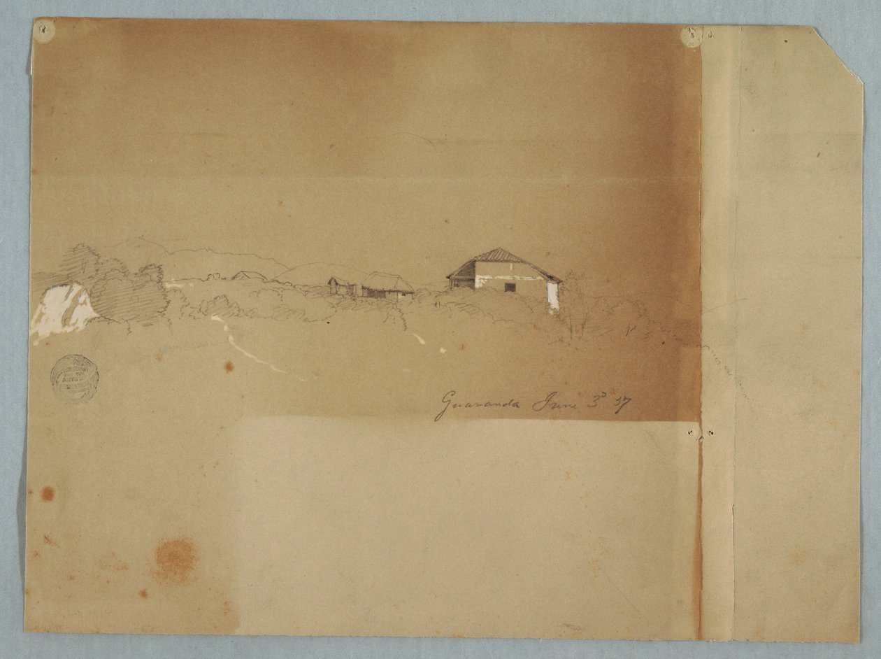 Tegning, Huse nær en kaskade i bjergene, Guaranda, Ecuador, 3. juni 1857 af Frederic Edwin Church