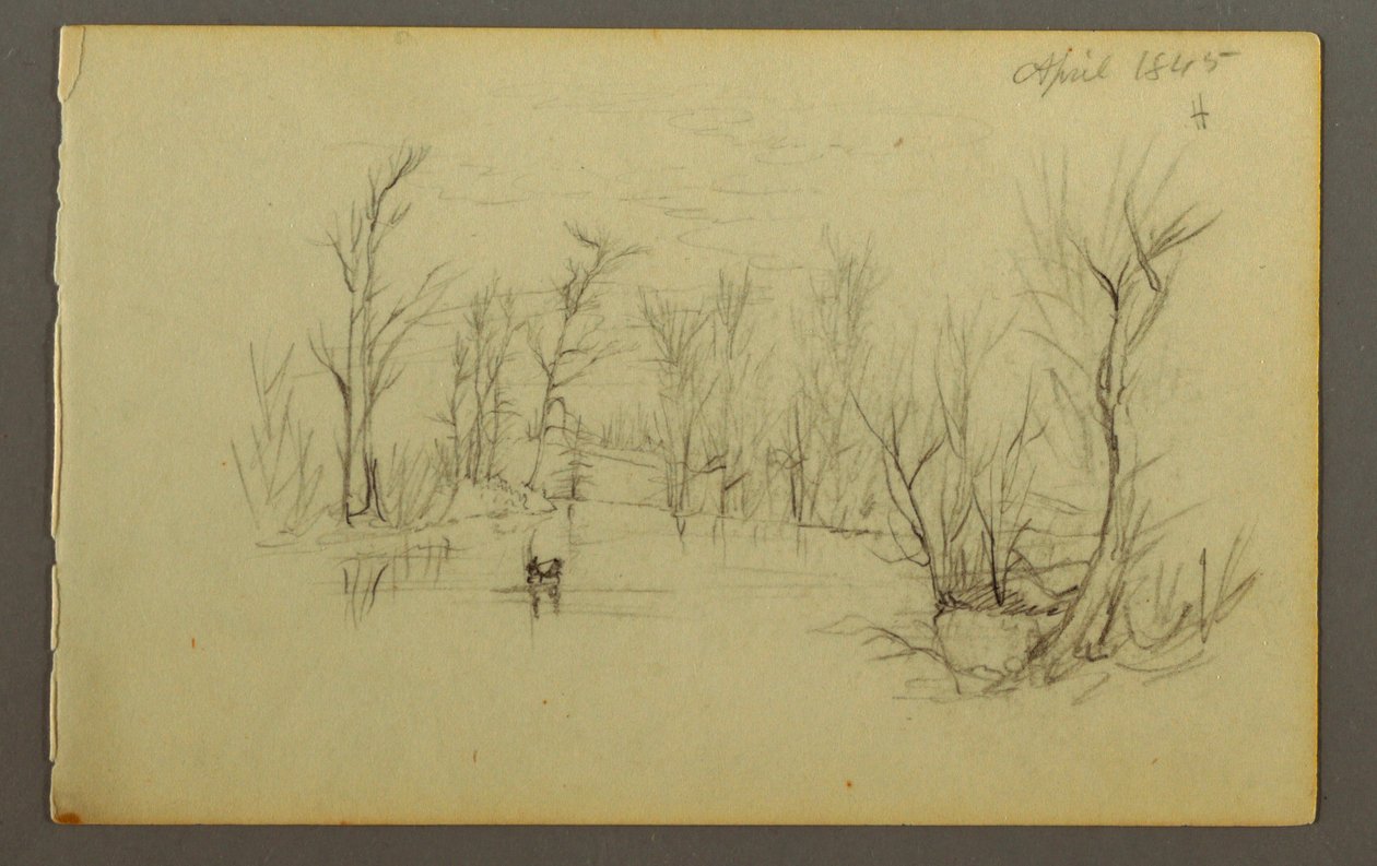 Tegning, Htakie () Pond, to personer i kano, 1845 af Frederic Edwin Church