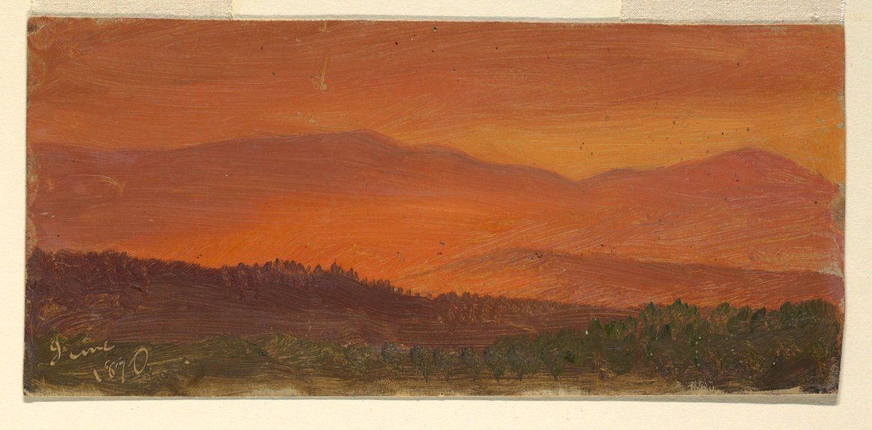 Tegning, Hudson Valley og fjerne bjerge ved solnedgang, juni 1870 af Frederic Edwin Church