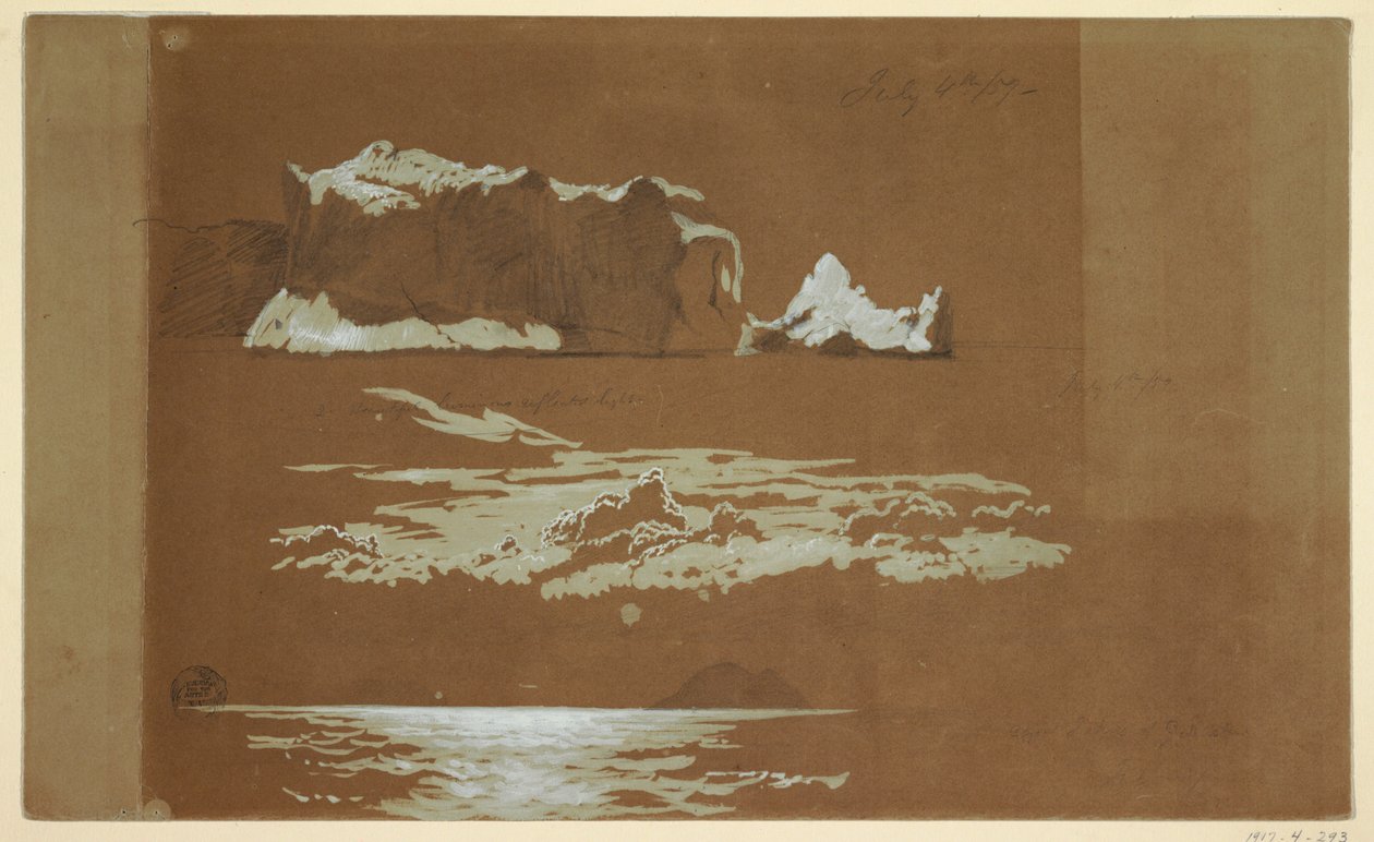 Tegning, isbjerge nær Cape St. John og Gull Island, Newfoundland, 4. juli 1859 af Frederic Edwin Church