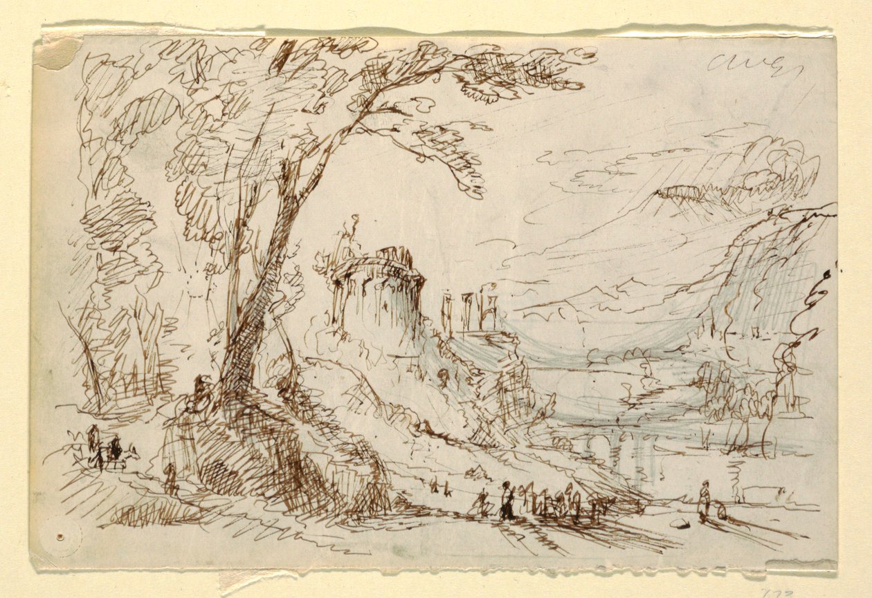 Tegning, Imaginært landskab med klassiske ruiner, ca. 1845 af Frederic Edwin Church
