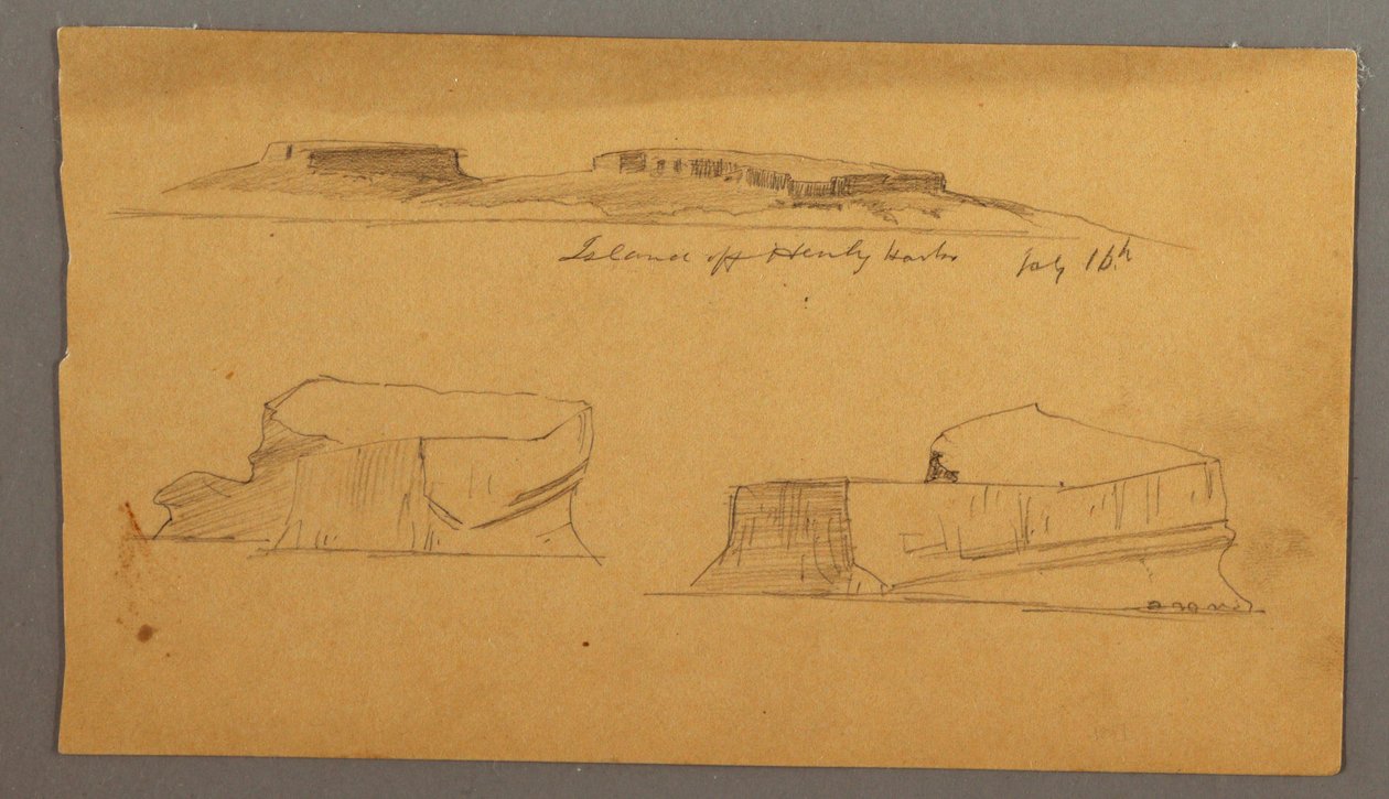 Tegning, Ø ud for Henly Harbor og to flydende isbjerge, 16. juli 1859 af Frederic Edwin Church