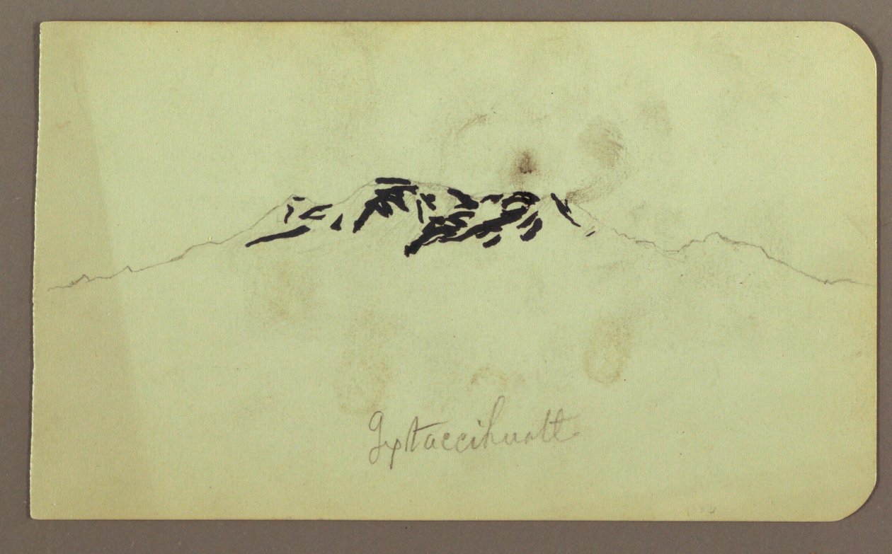 Tegning, Itaccihuatl Peaks; bagside: Bageovn, 1883 af Frederic Edwin Church