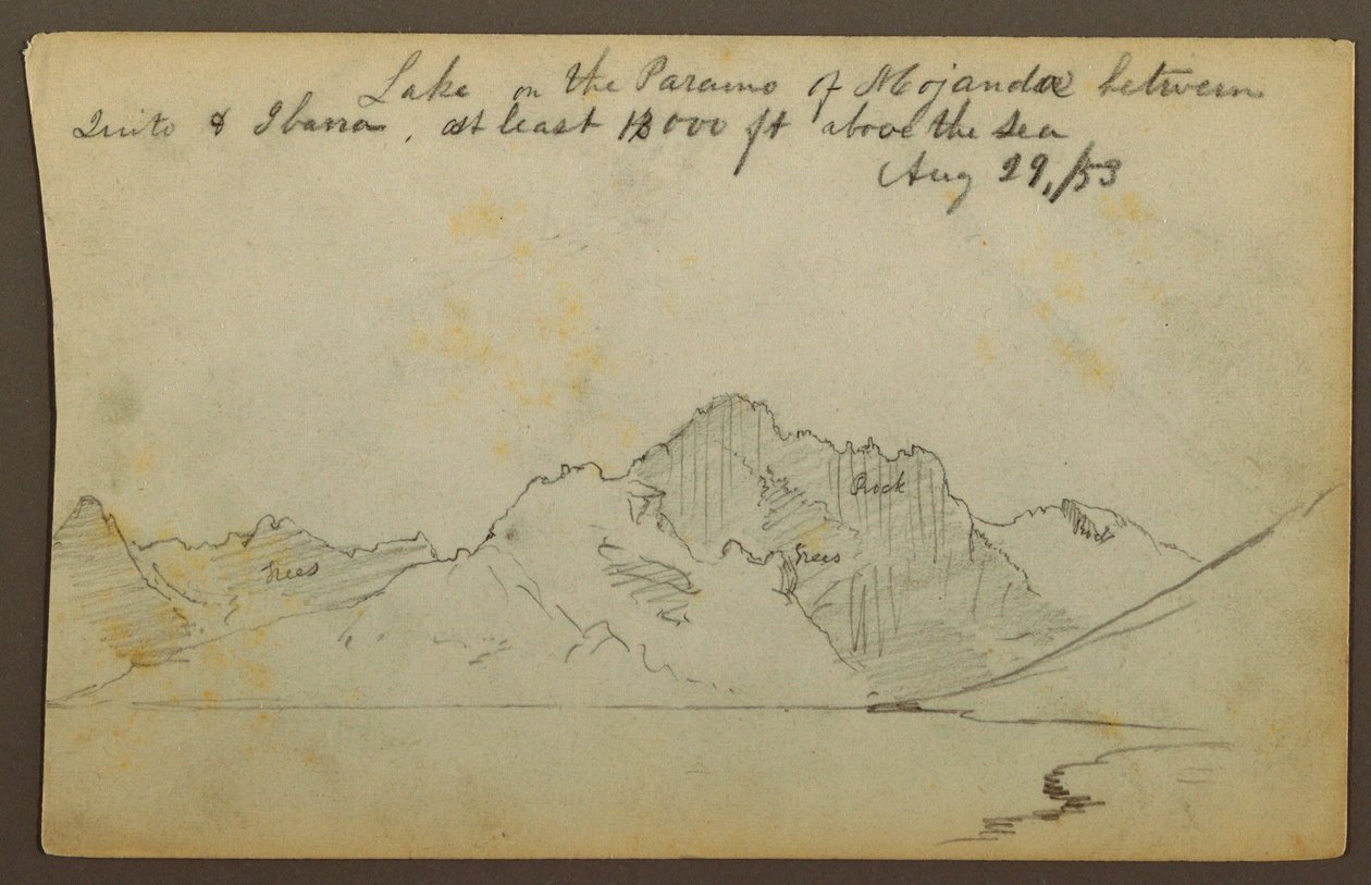 Tegning, sø, Mojanda-ørkenen, Ecuador, 29. august 1853 af Frederic Edwin Church