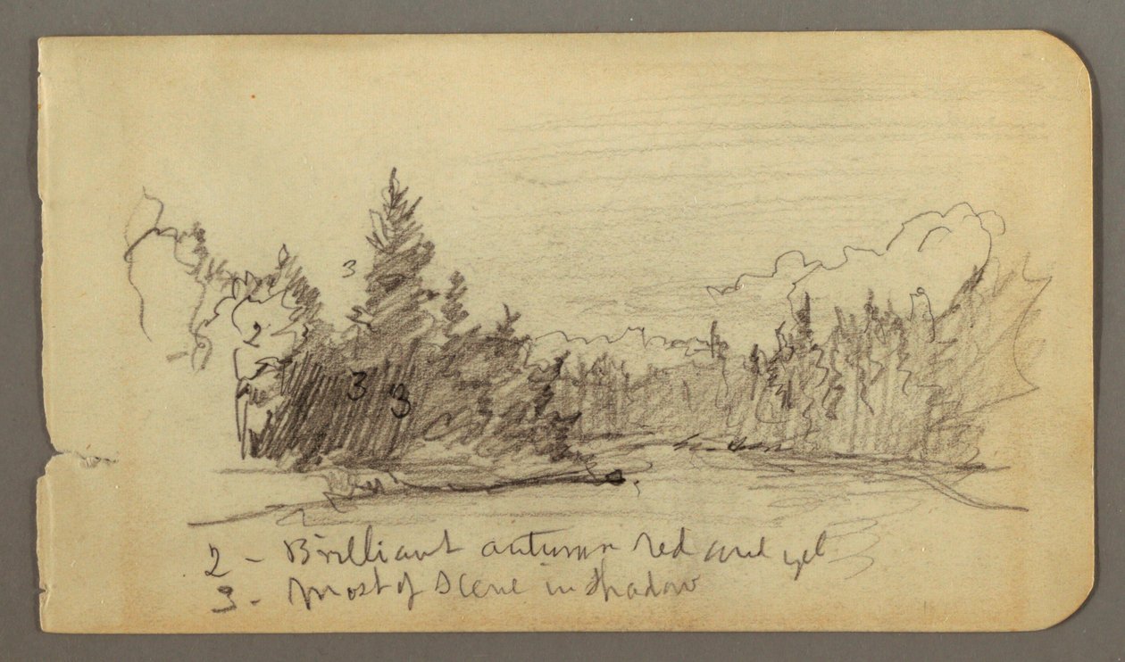 Tegning, sø omgivet af træer, muligvis 1878 af Frederic Edwin Church