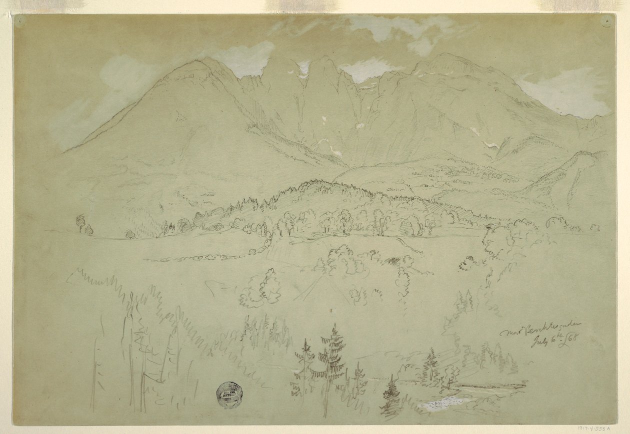 Tegning, landskab, Berchtesgaden, Bayern, 6. juli 1868 af Frederic Edwin Church