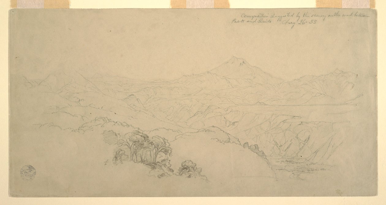 Tegning, landskabskomposition: Foreslået af landskabet på vejen mellem Paso, Colombia og Quito, Ecuador, 26. august 1853 af Frederic Edwin Church