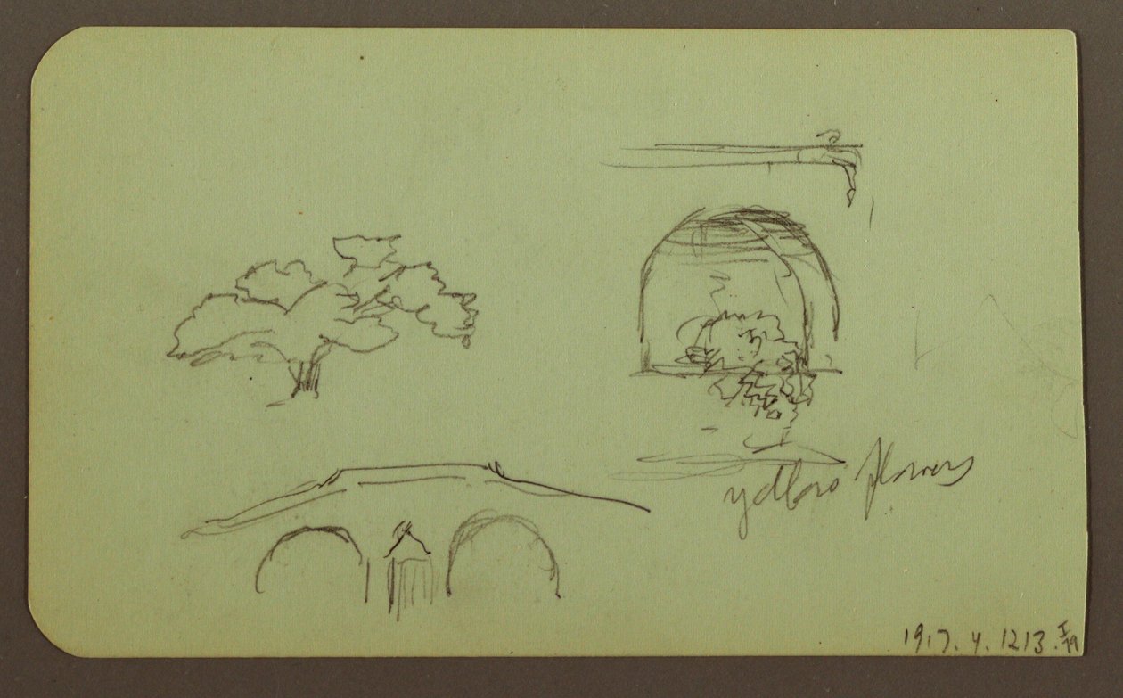 Tegning, landskab, figur; bagside: træer, bro, planter, 1883 af Frederic Edwin Church