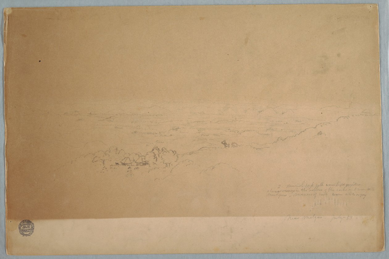 Tegning, landskab nær Melgar, Colombia, juli 1853 af Frederic Edwin Church