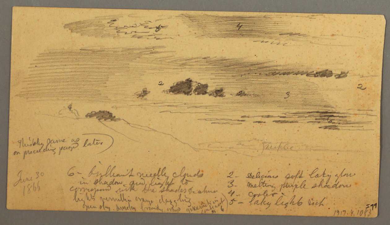 Tegning, landskabsskitse, Hudson Valley, New York, 30. juni 1866 af Frederic Edwin Church