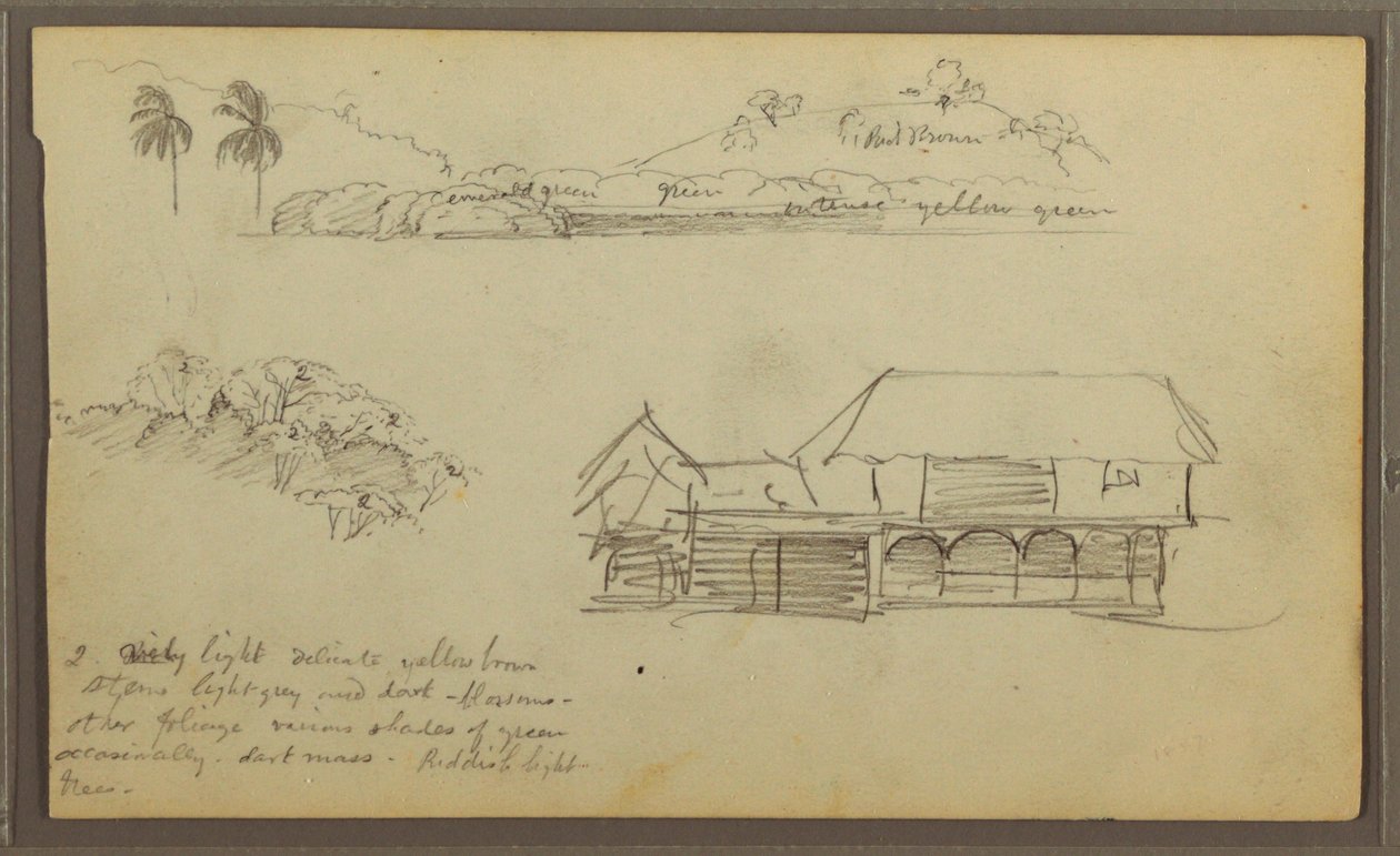 Tegning, Landskab, trætoppe, hus, 1857 af Frederic Edwin Church