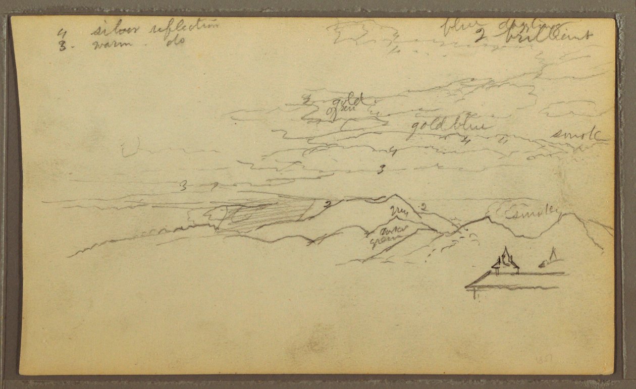 Tegning, landskab; bagside: Båd, botaniske skitser, 1857 af Frederic Edwin Church