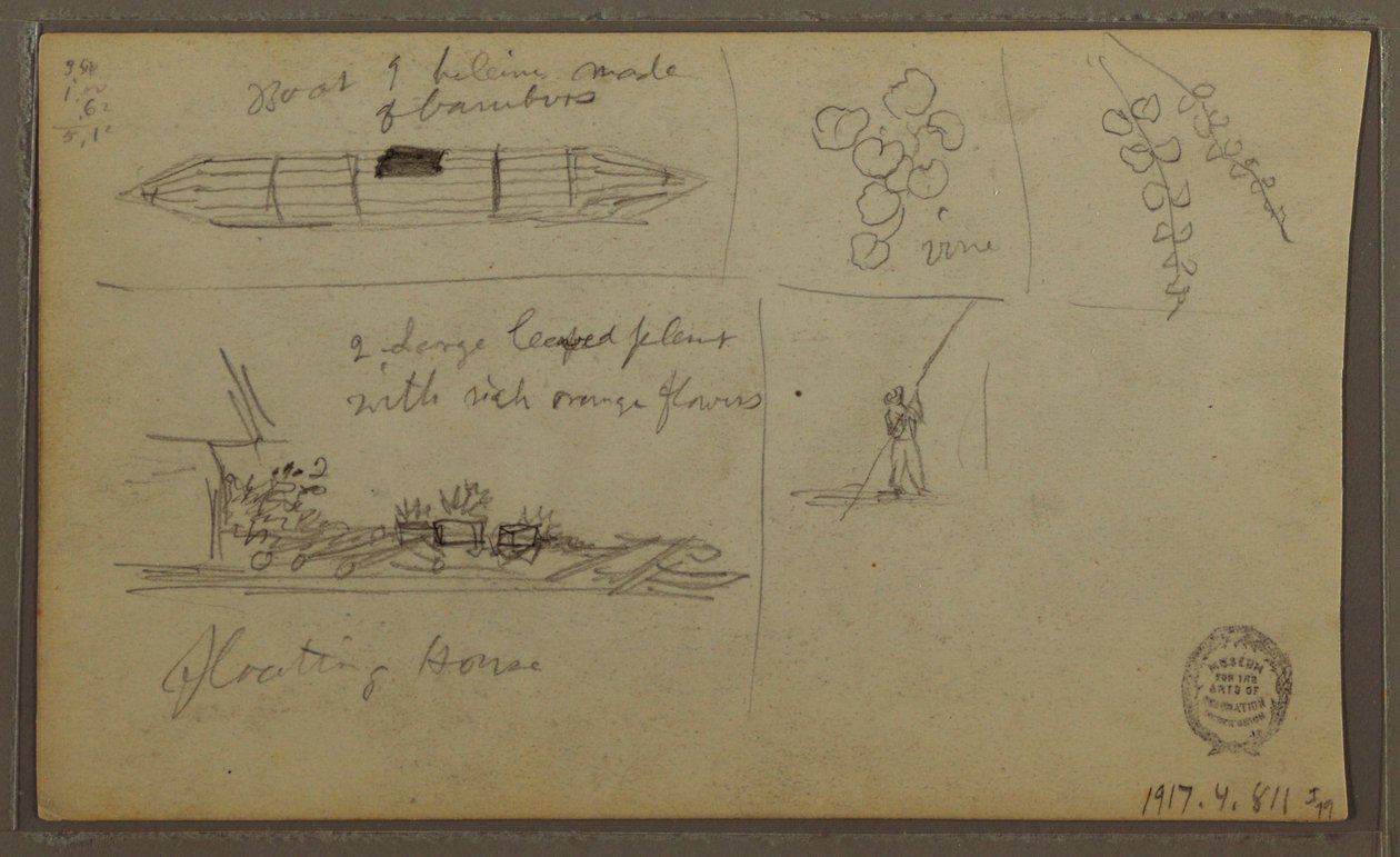 Tegning, landskab; bagside: Båd, botaniske skitser, 1857 af Frederic Edwin Church