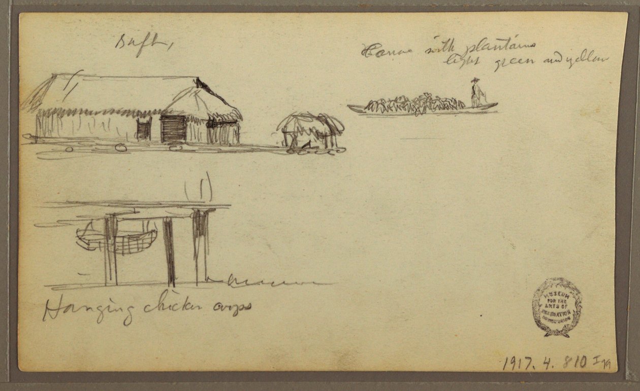 Tegning, landskab; bagside: Huse, kano, 1857 af Frederic Edwin Church