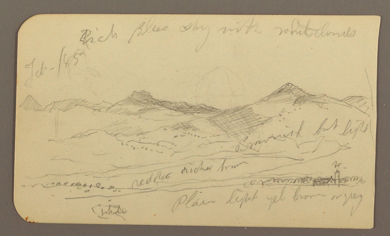 Tegning, Landskab, huse; Bagside: Trætop, februar 1885 af Frederic Edwin Church
