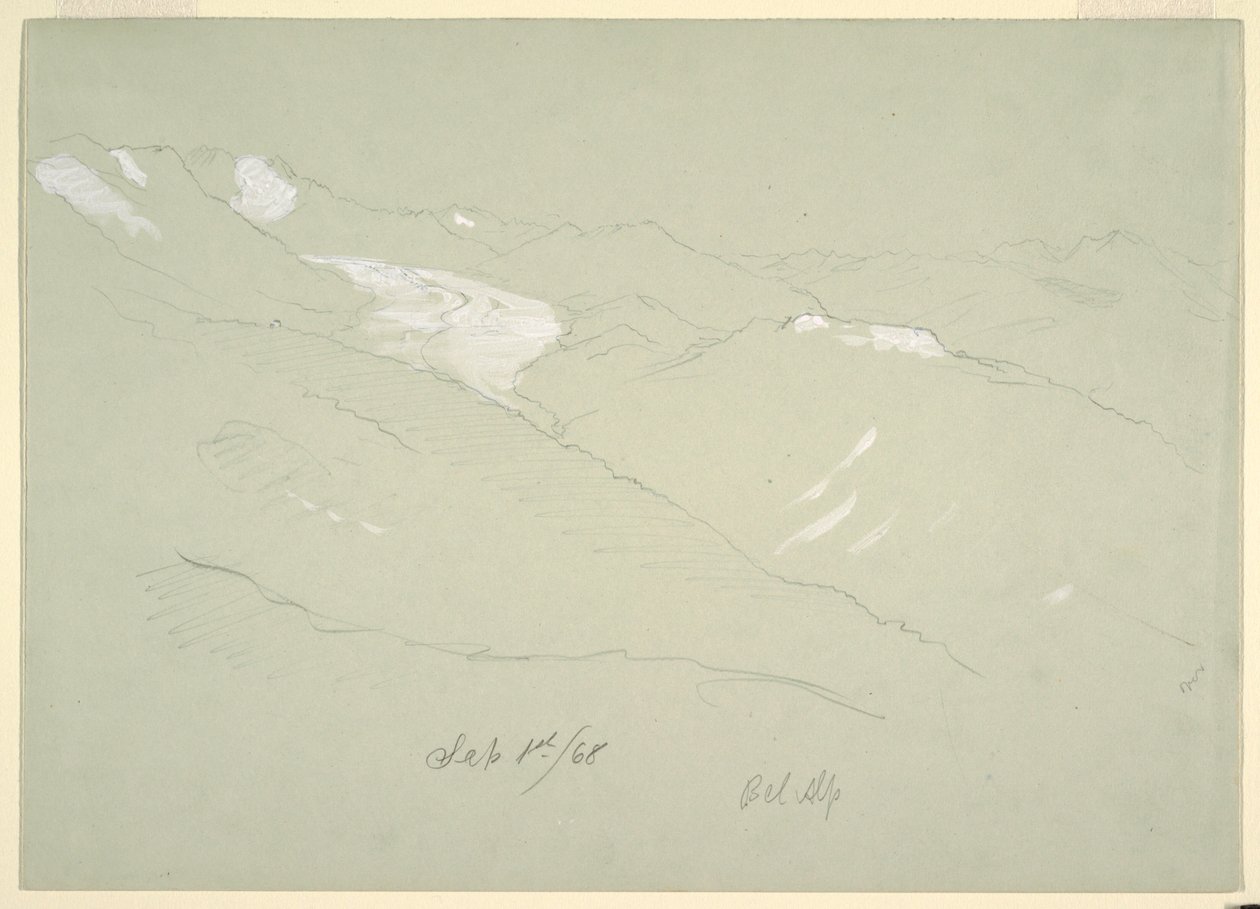 Tegning, Landskab i Berner Alm, nær Bel Alp, Schweiz, september 1868 af Frederic Edwin Church