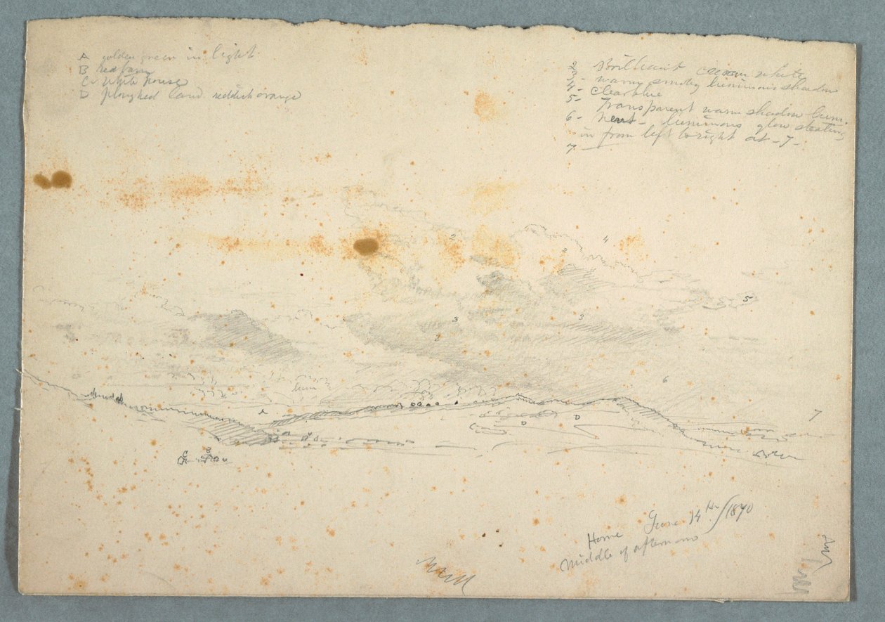 Tegning, Landskab i Hudson Valley; bagside: Skitse af kirke med træskibe, 14. juni 1870 af Frederic Edwin Church