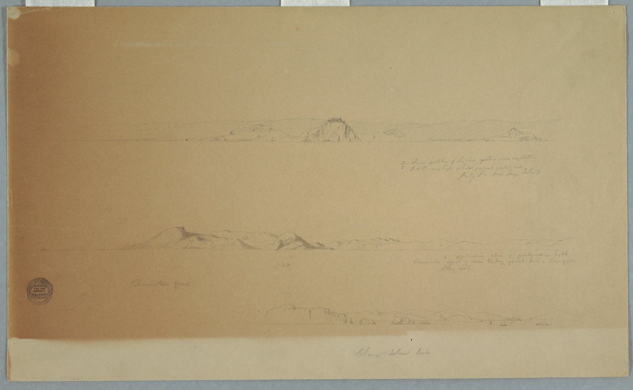 Tegning, Landskab nær Fogo Island, Brimstone, Head, Change Island Rocks, 2. juli 1869 af Frederic Edwin Church