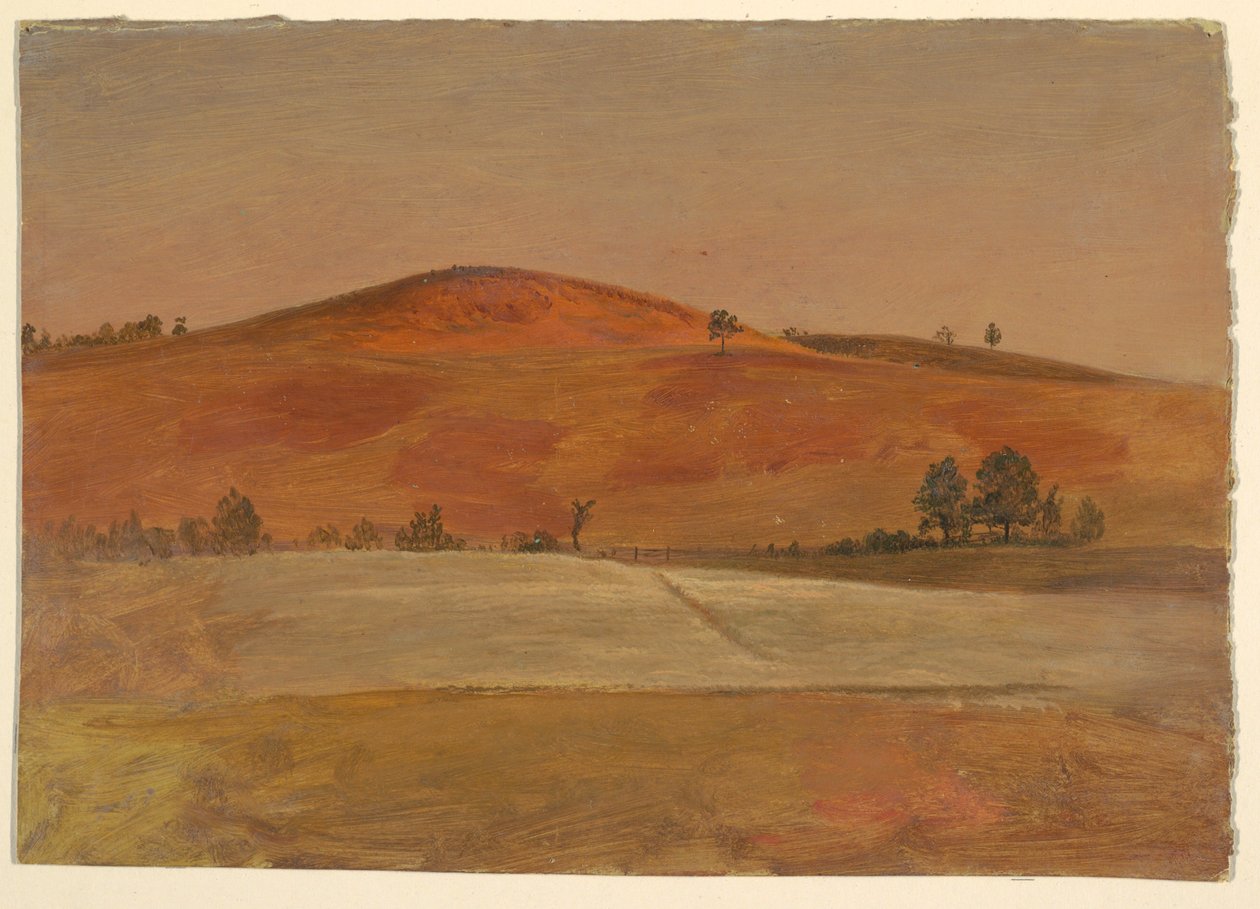 Tegning, Landskab med lav bakke og marker, 1870-80 af Frederic Edwin Church