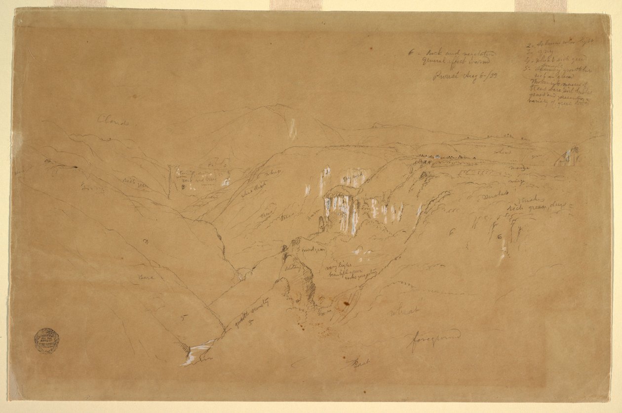 Tegning, Landskab med Mount Purese, Colombia, 6. august 1853 af Frederic Edwin Church