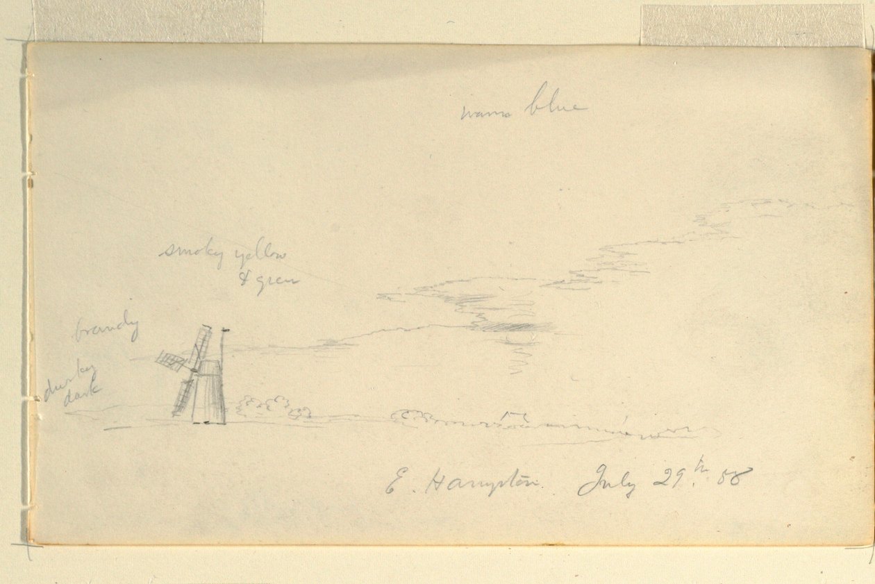 Tegning, Landskab med vindmølle, 29. juli 1858 af Frederic Edwin Church