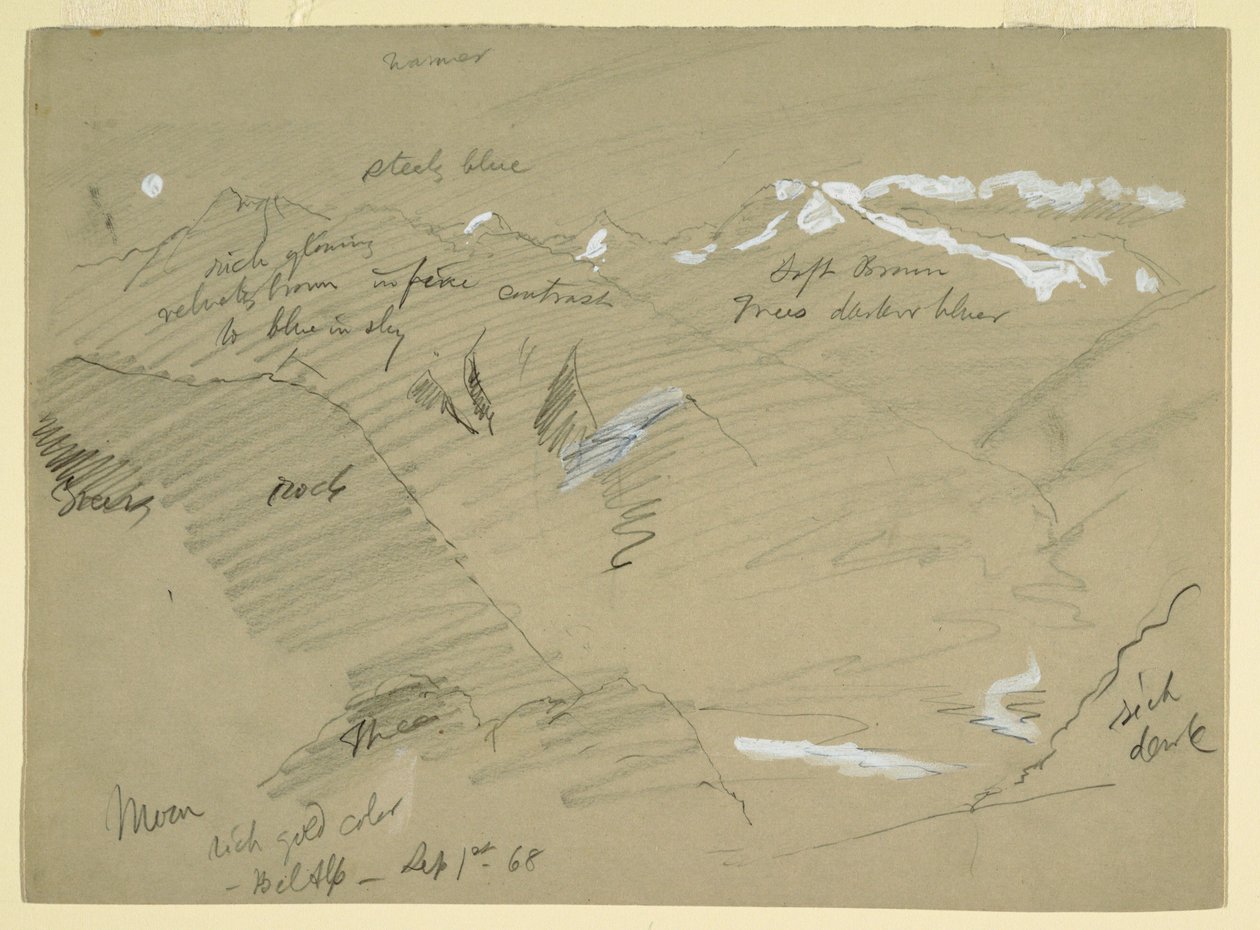 Tegning, Landskaber i de bernske alper, nær Bel Alp, Schweiz, september 1868 af Frederic Edwin Church