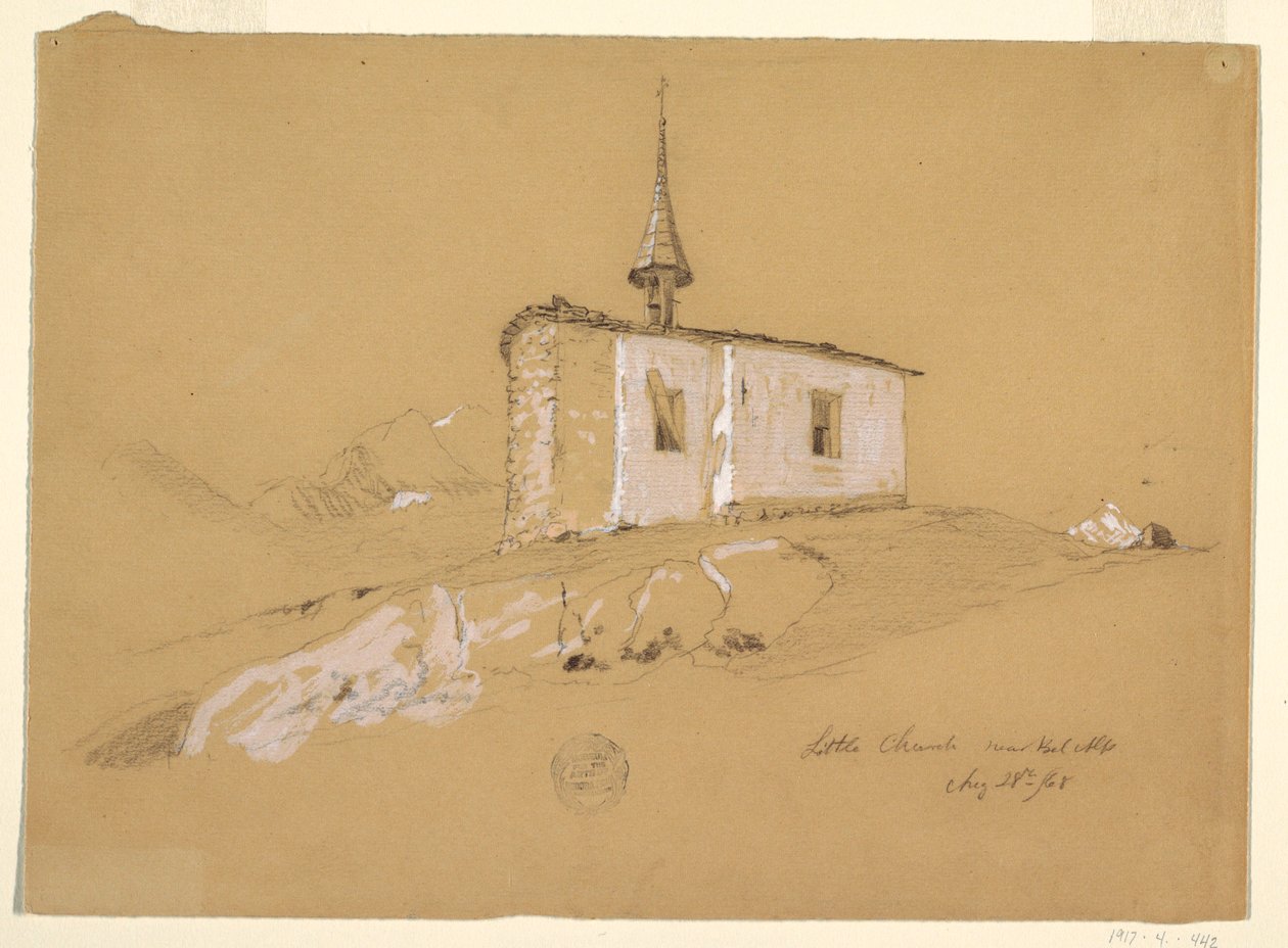 Tegning, "Lille kirke nær Bel Arp", Berner Alperne, Schweiz, 28. august 1868 af Frederic Edwin Church
