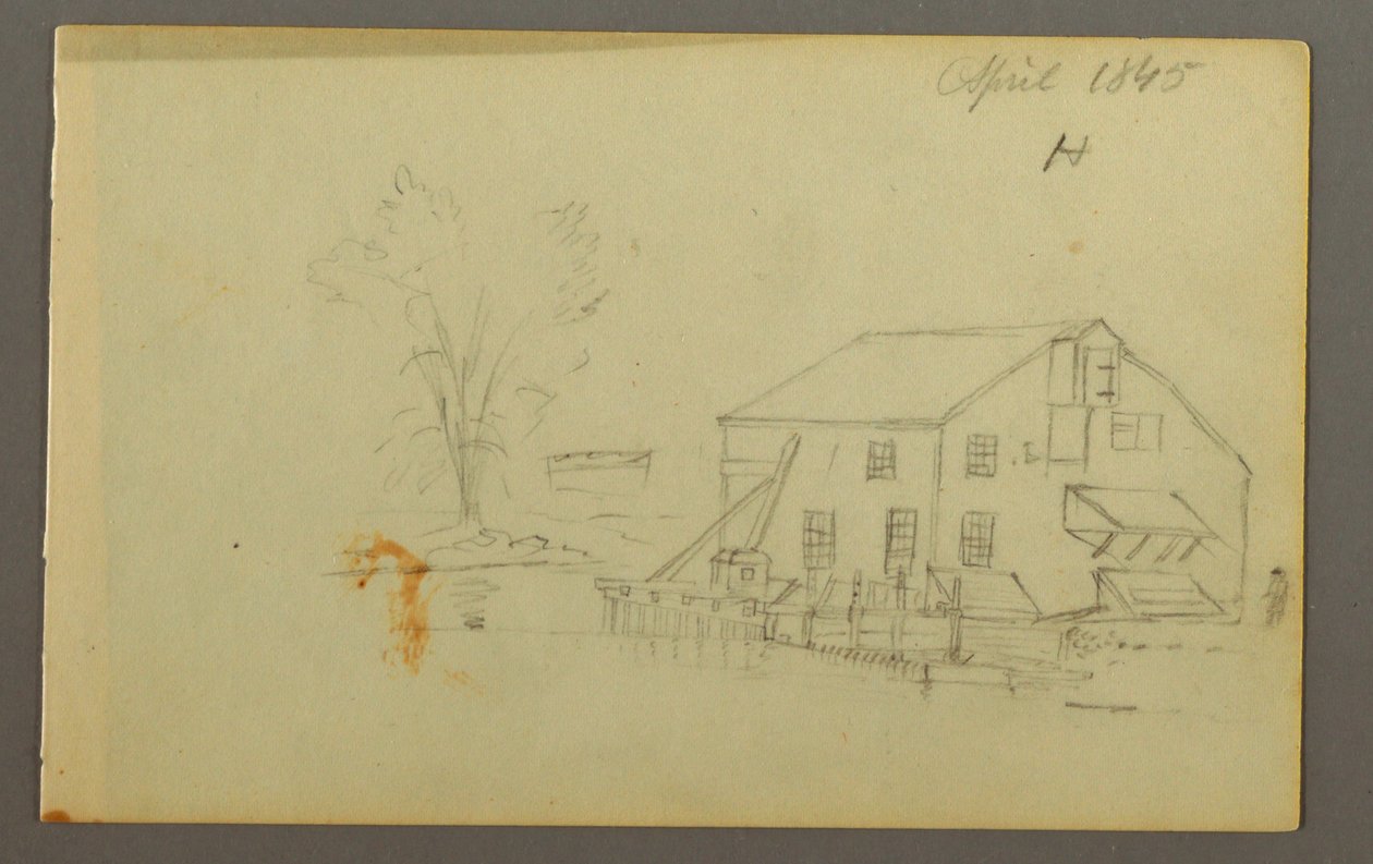Tegning, loftsbygning med kaj ved et vandløb, 1845 af Frederic Edwin Church