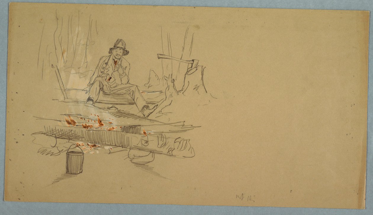 Tegning, mand på camping i skoven, ca. 1855 af Frederic Edwin Church