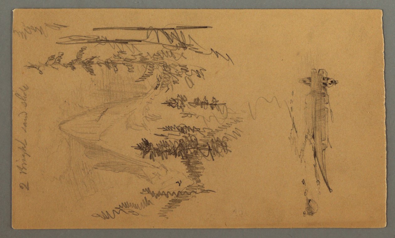 Tegning, mand i båd, Rocky Peak over Pines, muligvis 1868 af Frederic Edwin Church