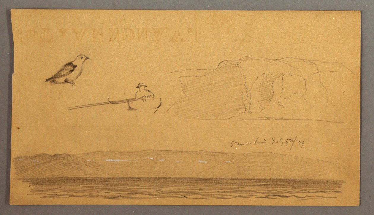 Tegning, Mand i båd, fugl, klipper, kyst, 6. juli 1859 af Frederic Edwin Church