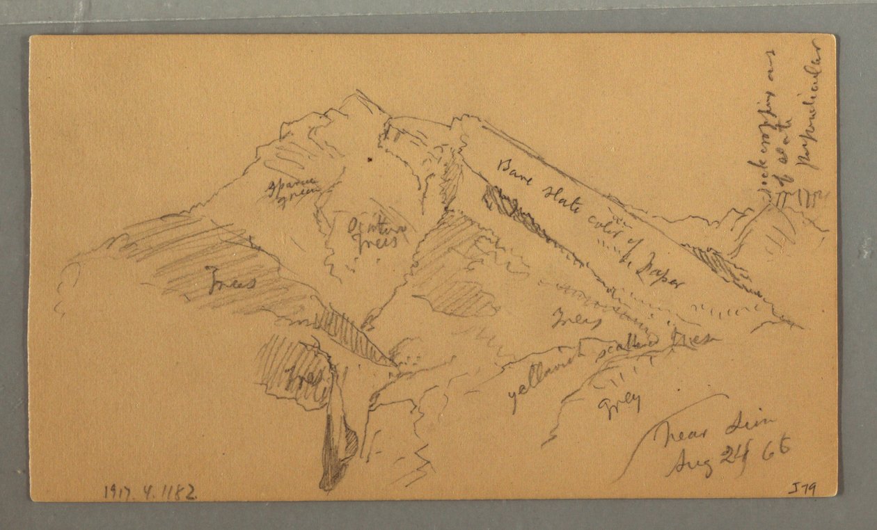 Tegning, middelalderborg, huskaskade, 24. august 1868 af Frederic Edwin Church