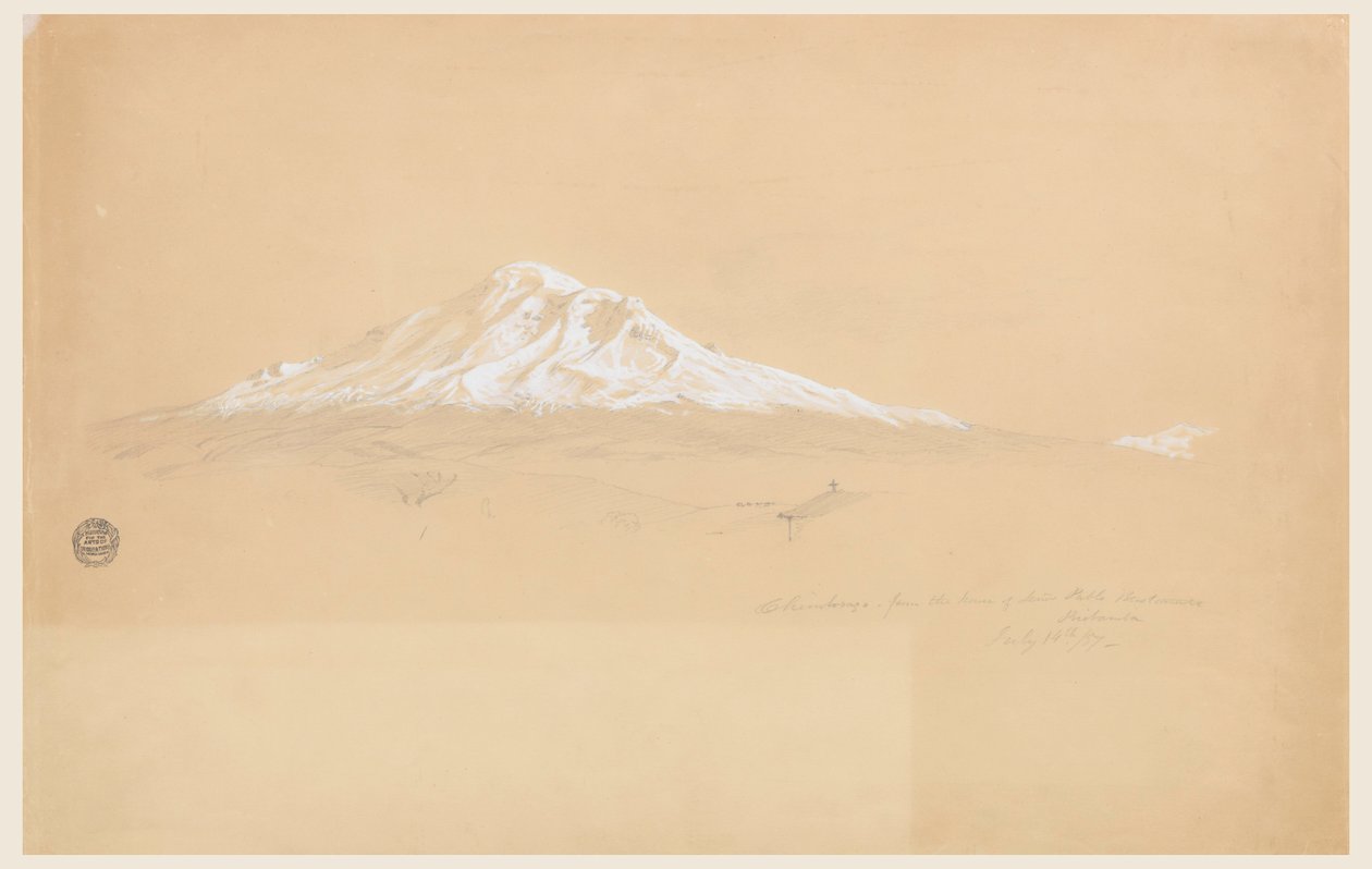 Tegning, Chimborazo-bjerget fra senior Pablo Bustamantes hus, Riobamba, Ecuador, 14. juli 1857 af Frederic Edwin Church