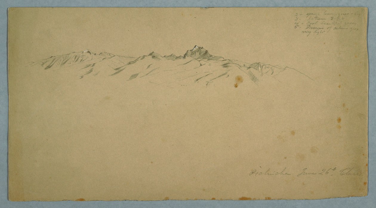 Tegning, Pichincha-bjerget fra Chillo, Ecuador, 26. juni 1857 af Frederic Edwin Church